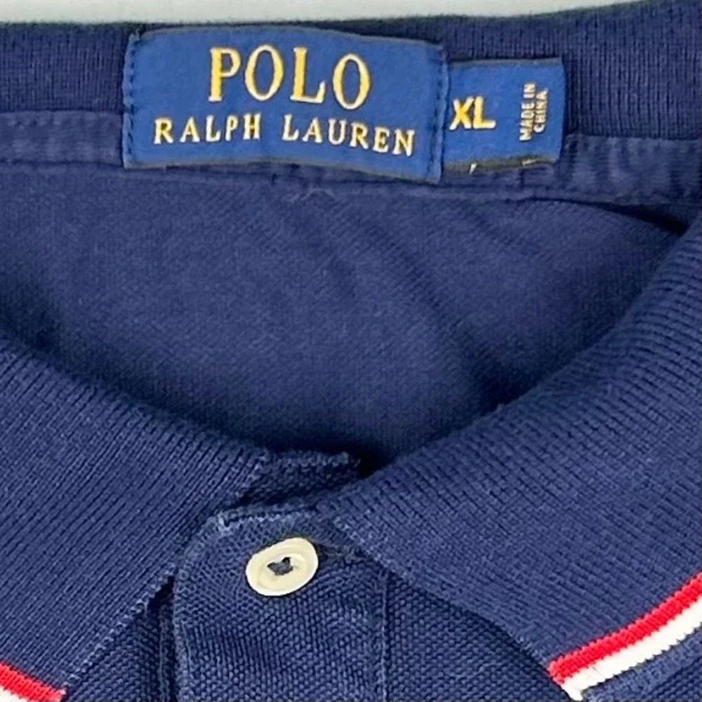 Polo Ralph Lauren Mens XL Navy Long Sleeve Big Pony Polo Shirt Red White Trim